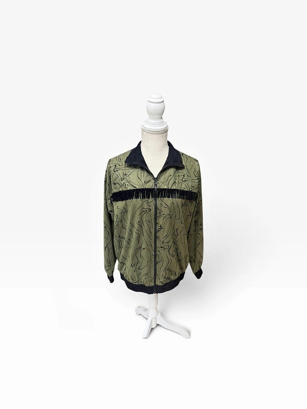 Vintage Oversized Rio Women's Green/Black Zip Jacket Fringe Trim Western